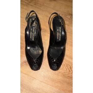 Vintage Stuart Weitzman for Mr Seymour Black Croc Embossed Peep Toe Slingbacks